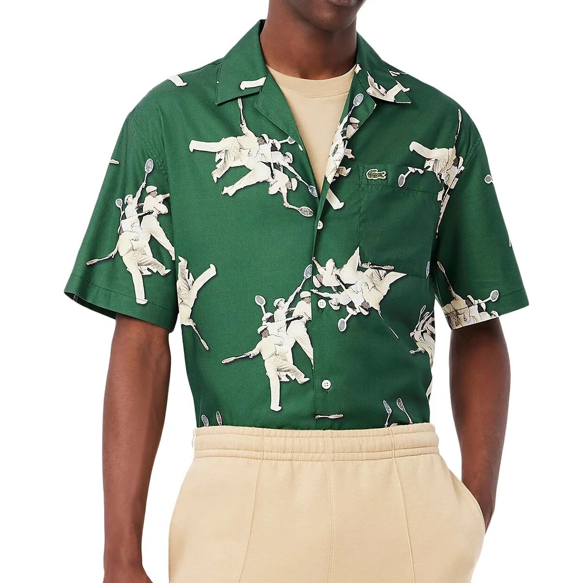 Lacoste Men’s Rene Tennis Retro Graphic Print SS Camp Shirt Relaxed Fit Green