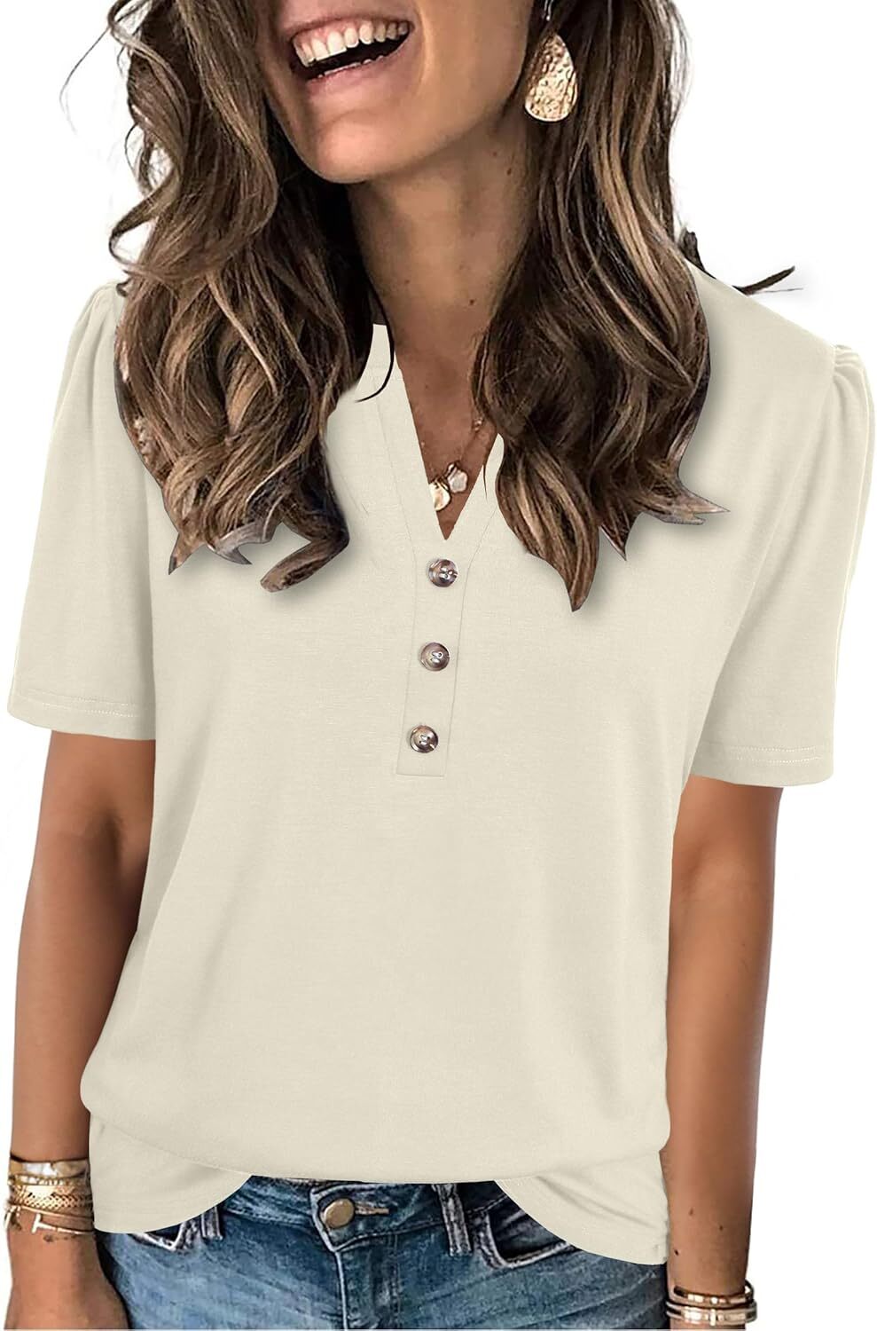 Short Sleeve Womens Casual Shirt Loose Fit V Neck Summer Top Soft Breathable