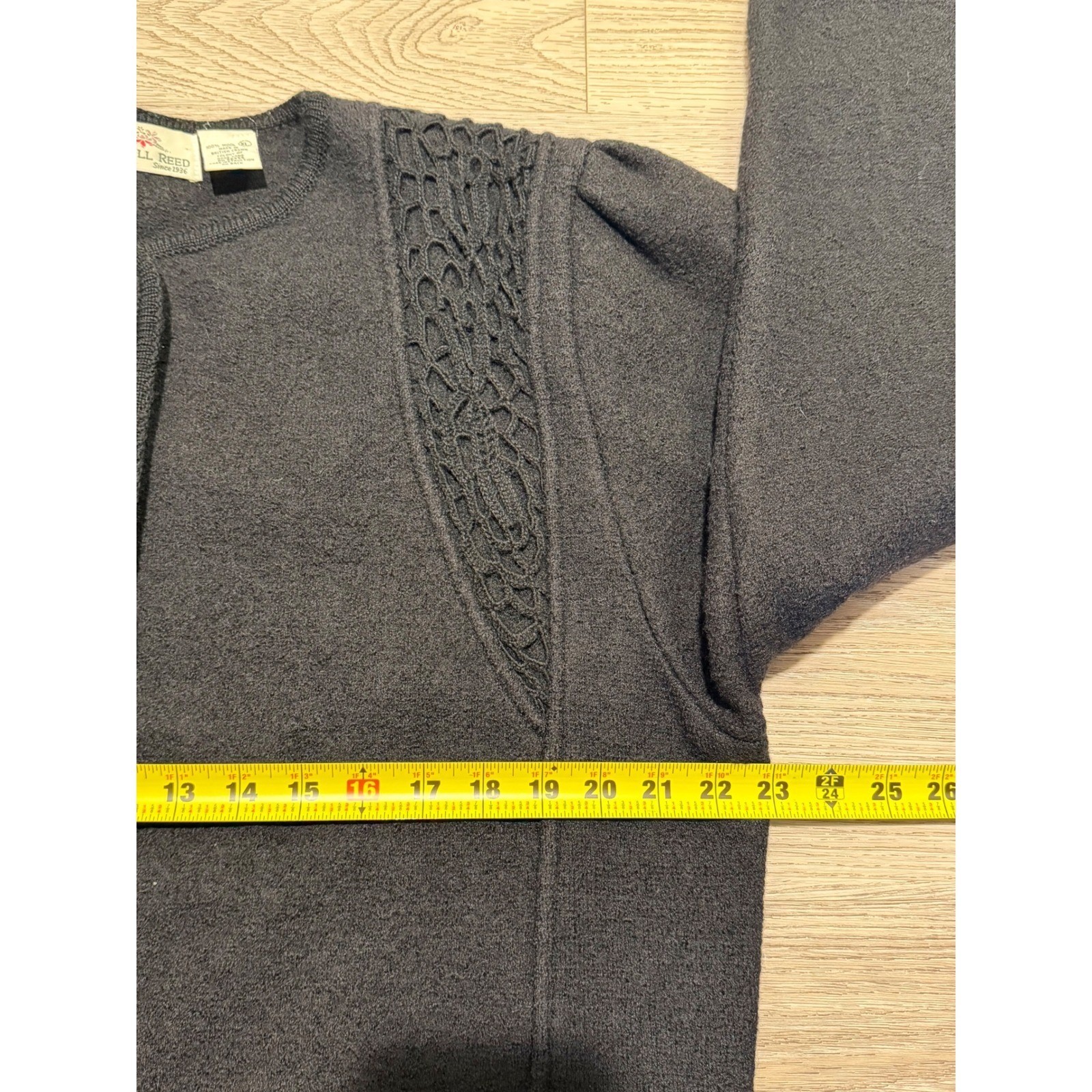 Carroll Reed Vintage 100% Wool Black Cardigan Crochet Detail Gold Button XL