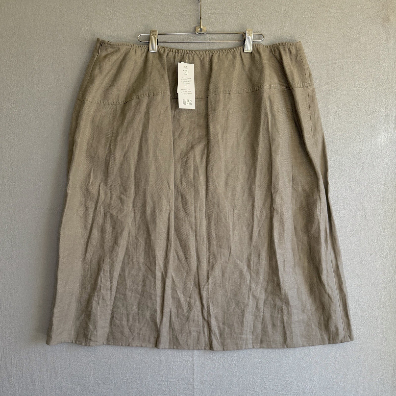 Eileen Fisher Skirt 2X Brown Washed Linen Twill NWT Midi Angled Yoke Zip A Line