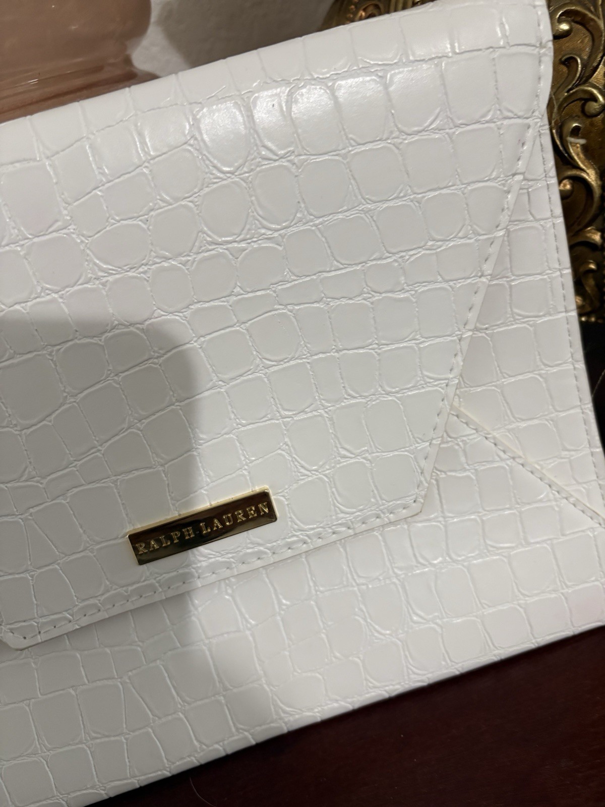 Ralph Lauren White Croc Embossed Clutch, Magnetic Closure hand purse