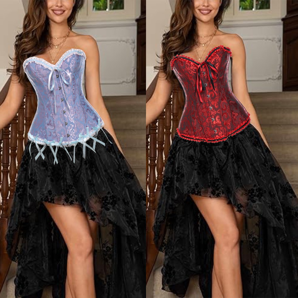 Women Lace Up Boned Bustier Corset Overbust Burlesque Top Waist Cincher Lingerie