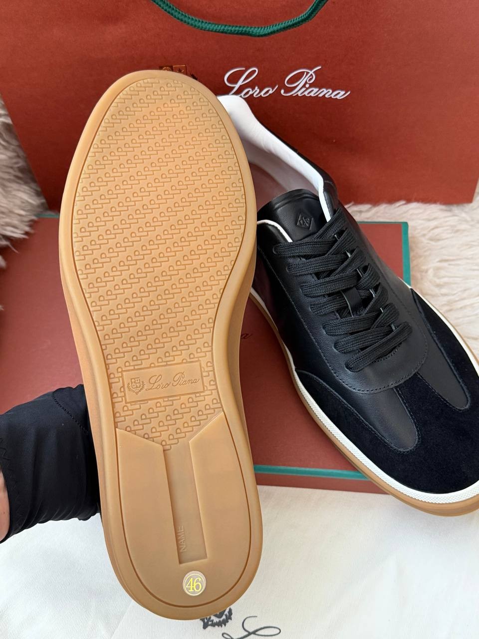 Loro Piana Tennis Walk Sneakers Black Leather Suede Men’s EU 46 US 13