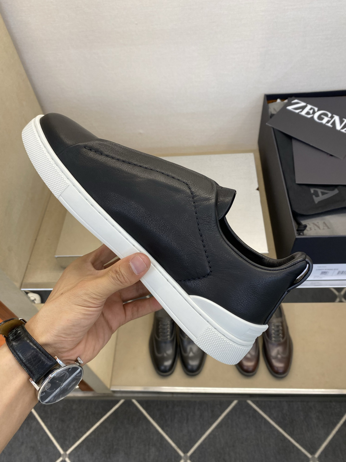 Men’s Zegna Black Leather Triple Stitch Slip On Men’s Casual Sneakers