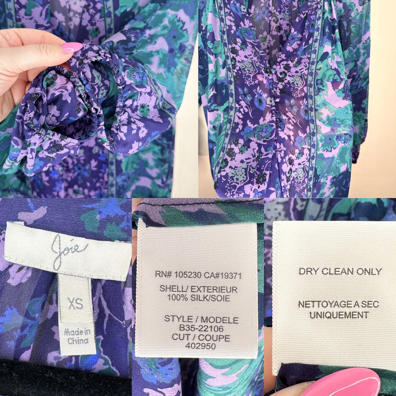 NWOT Joie Gloria Silk Sheer Blue Green Purple Floral Puff Sleeve Blouse Top XS