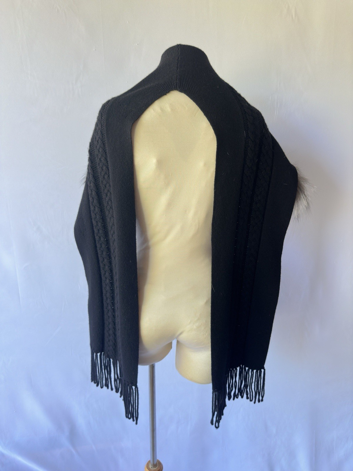 Vintage W by Worth Black Cashmere Hooded Shrug with Removable Fur Trim