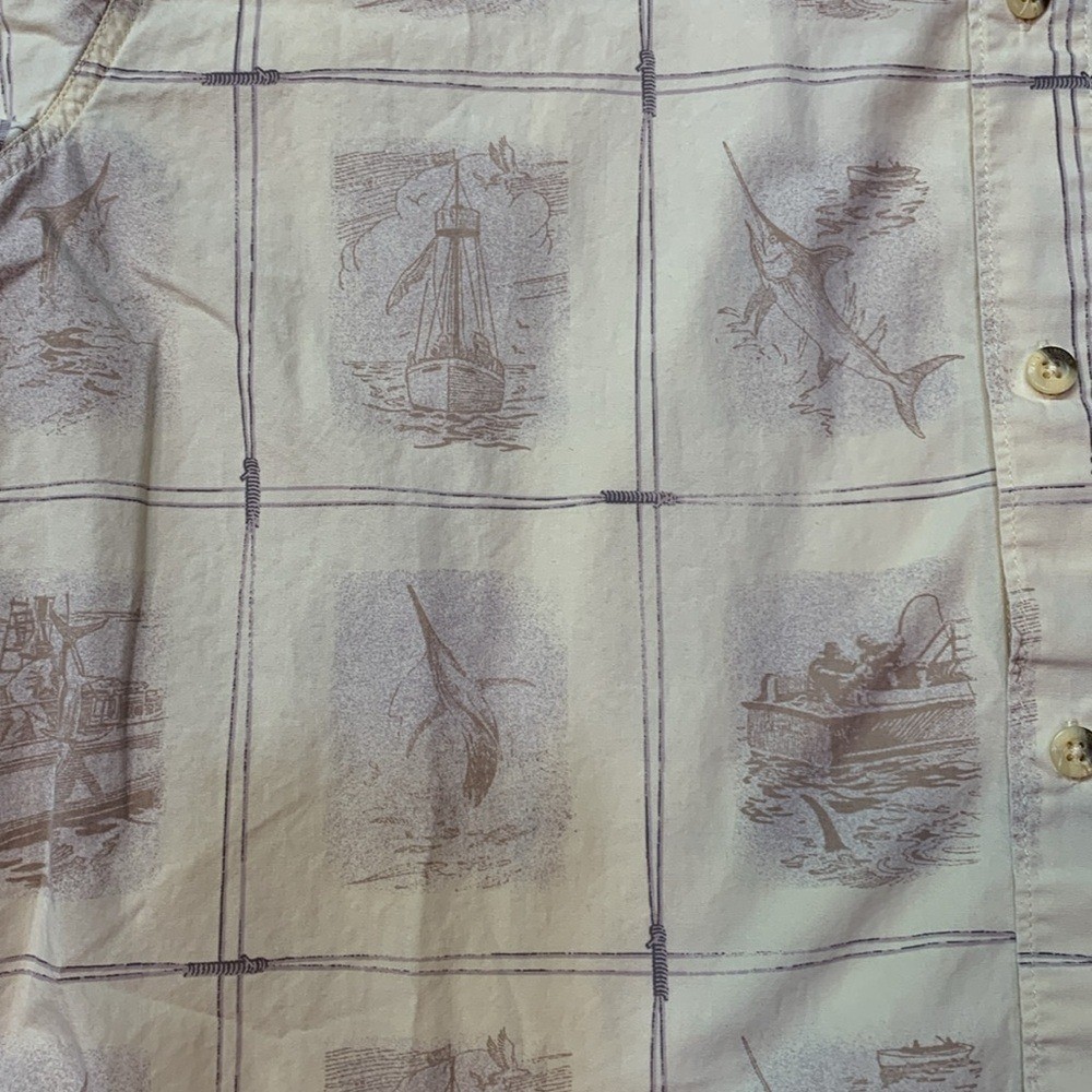 Columbia River Lodge Mens Large Yellow Marlin Fishing Boat Nautical Print Shirt