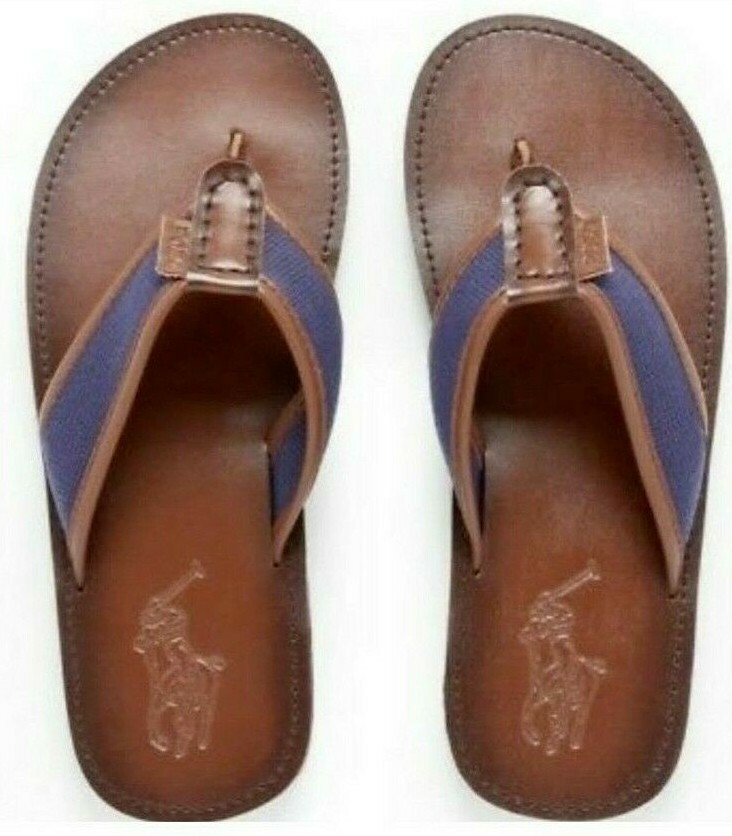 Polo Ralph Lauren Men’s Leather FLIP FLOPS BROWN & NAVY Sandals 8,9,10,11,12,13