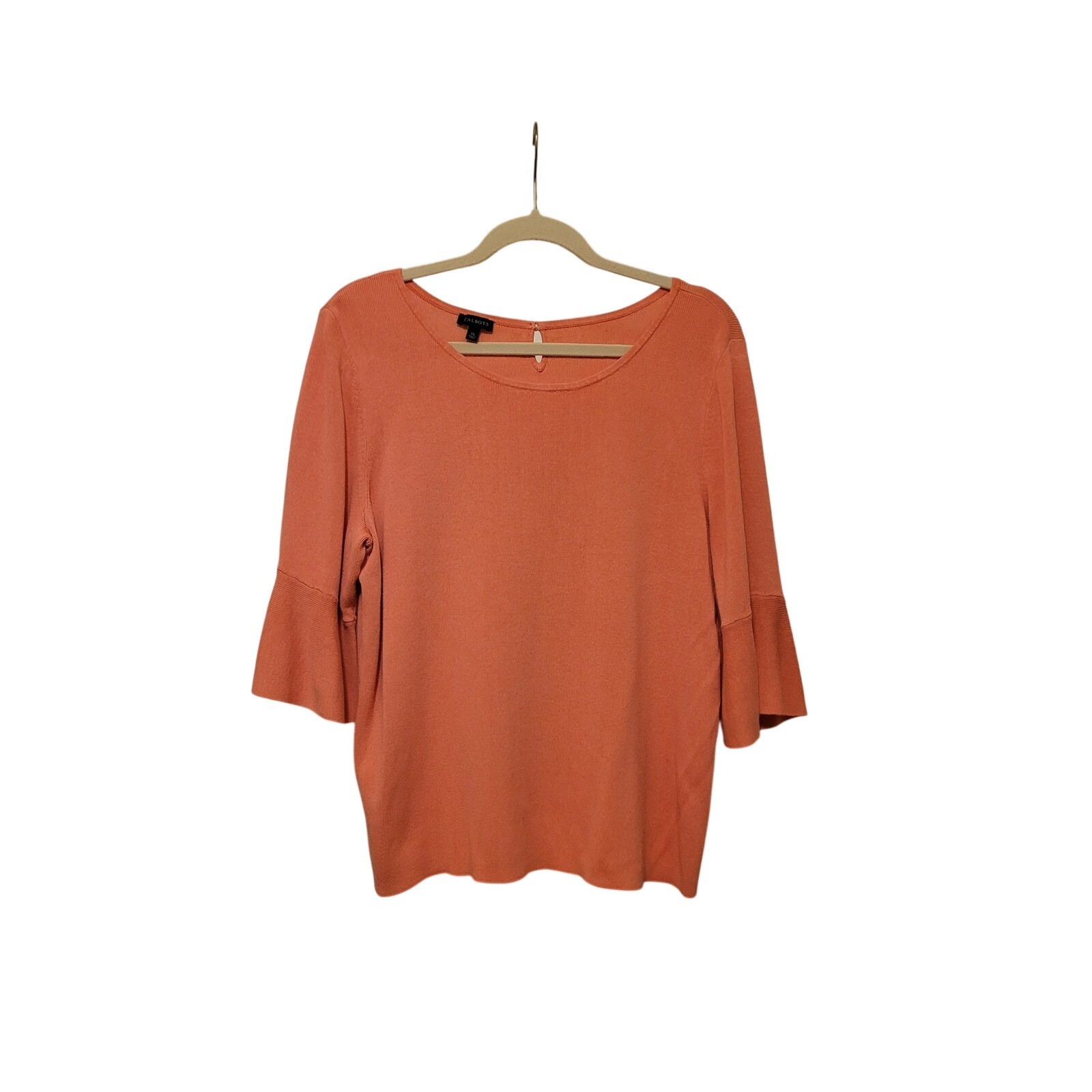 Talbots Womens XL Coral Orange Bell Sleeve Knit Top Cotton Rayon Keyhole Back
