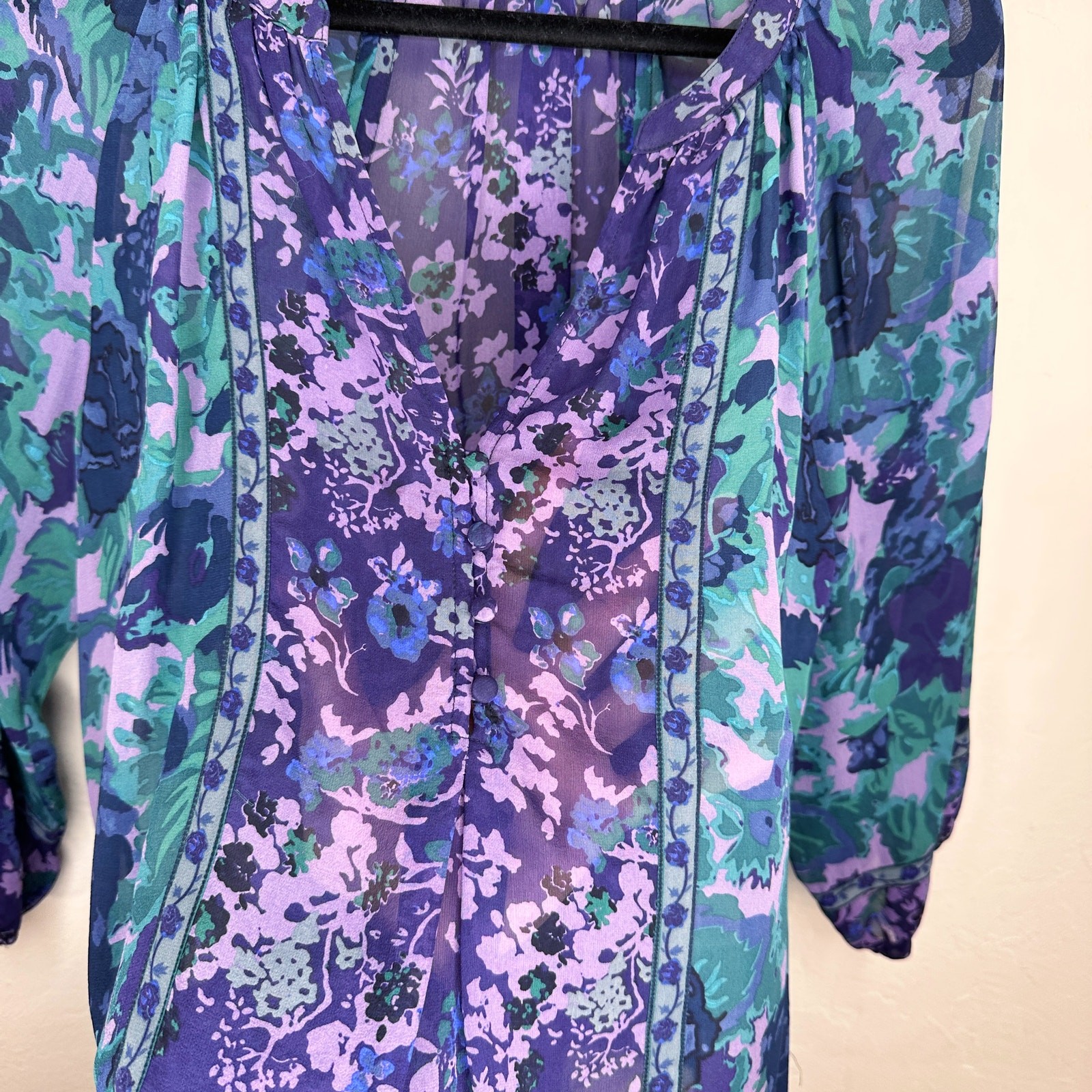 NWOT Joie Gloria Silk Sheer Blue Green Purple Floral Puff Sleeve Blouse Top XS