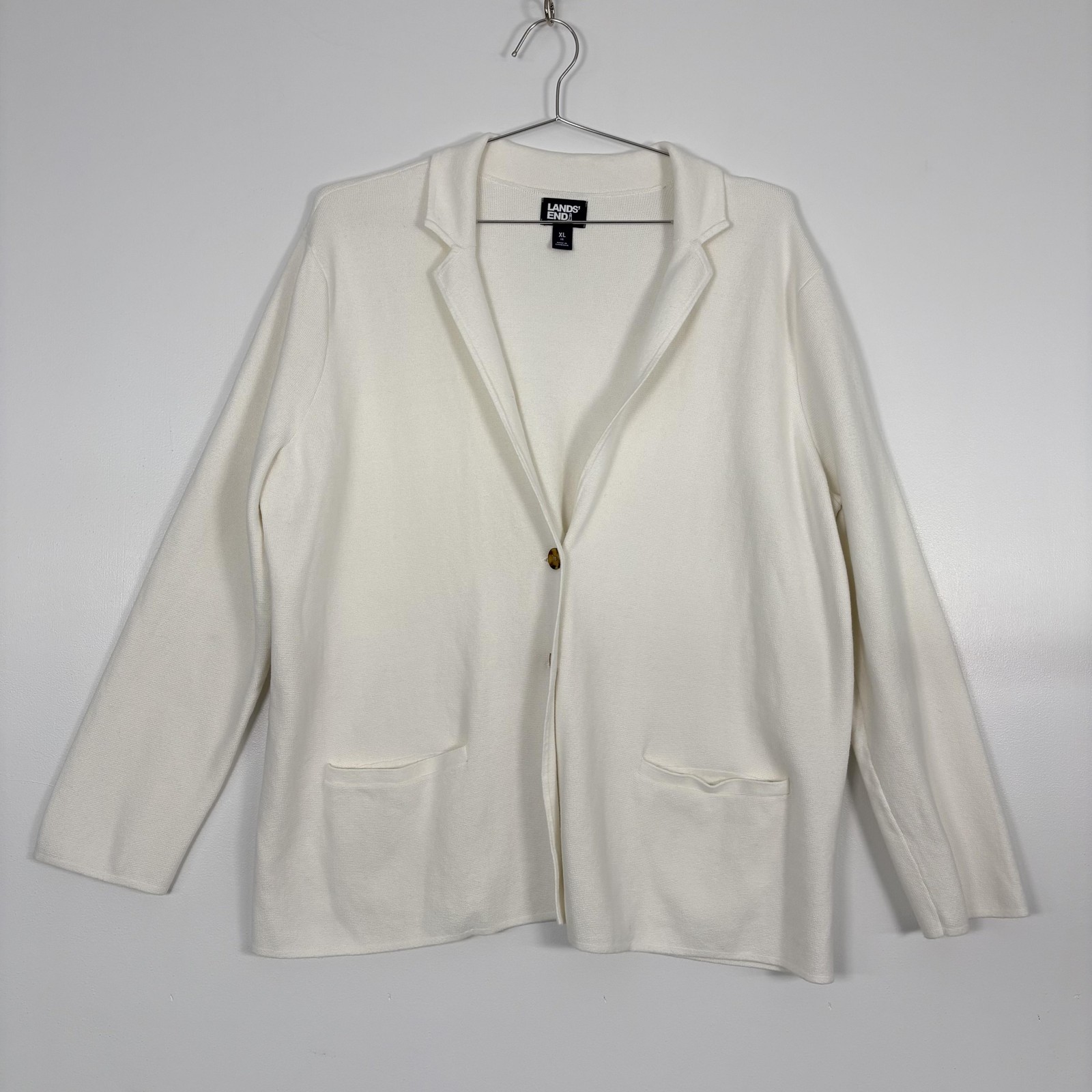 Lands End Cardigan Sweater Womens XL White Collared 100% Cotton Knit Pockets