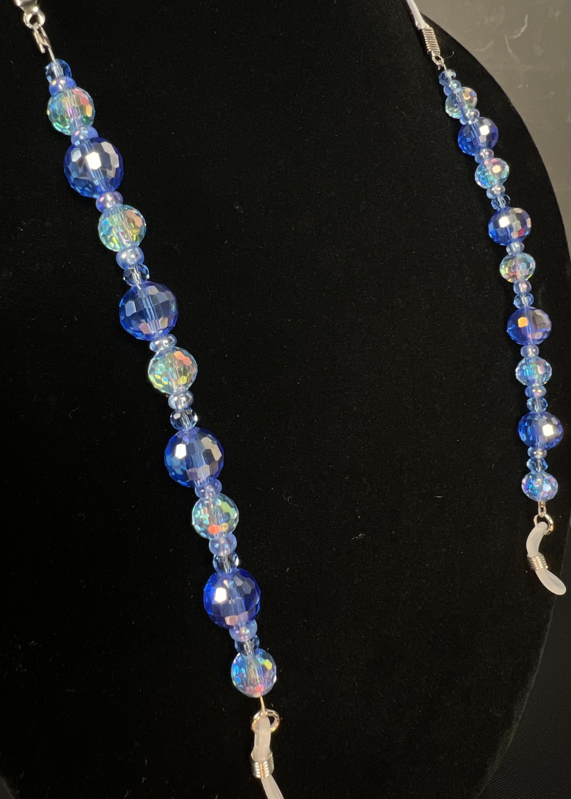 Handmade Eyeglass Chain: Crystal Glass Beads, Various Shades of Blue