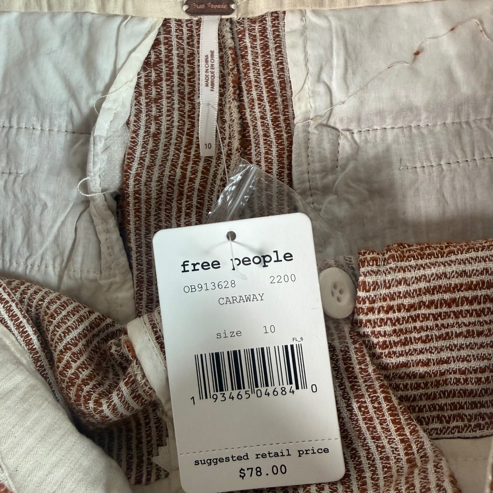 Free People Caraway Tapered Pants Women 10 Brown Cotton Coastal Boho Striped New
