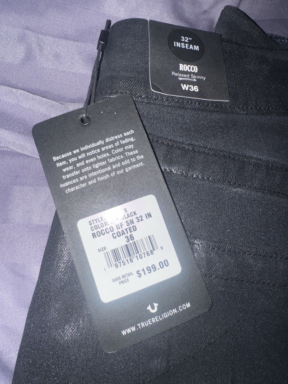 True Religion Men’s Relaxed Skinny Coated Black Denim Jeans Mid Rise 5-Pocket