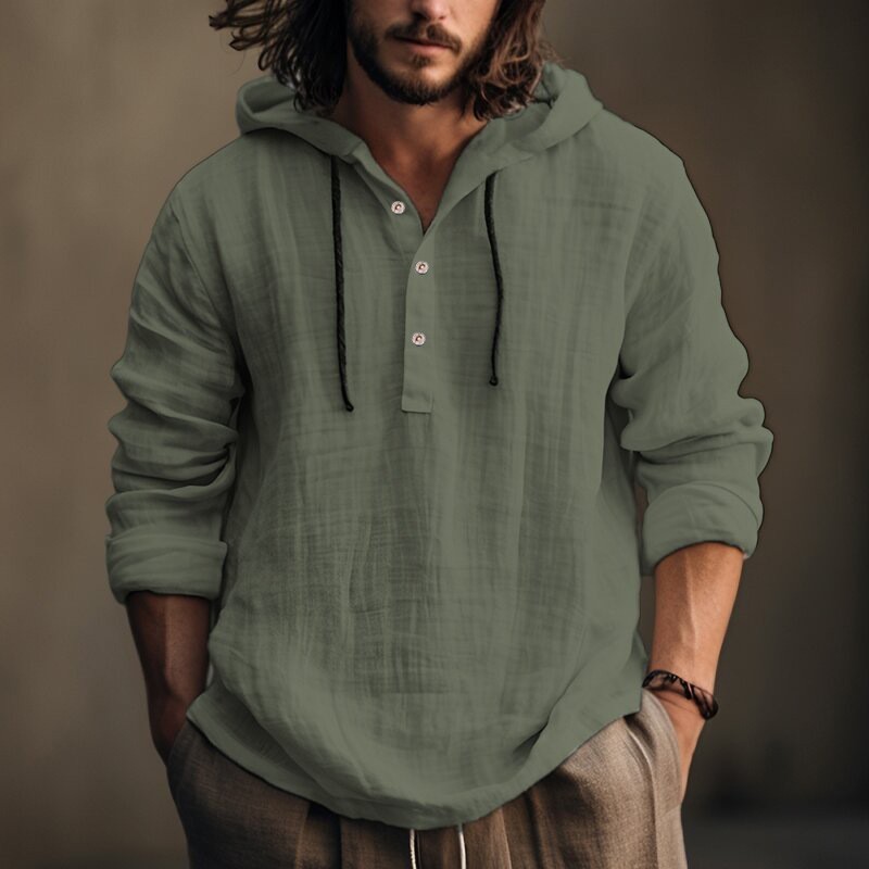 Mens Cotton Linen Hoodie Shirt Casual Long Sleeve Beach Pullover Summer Top