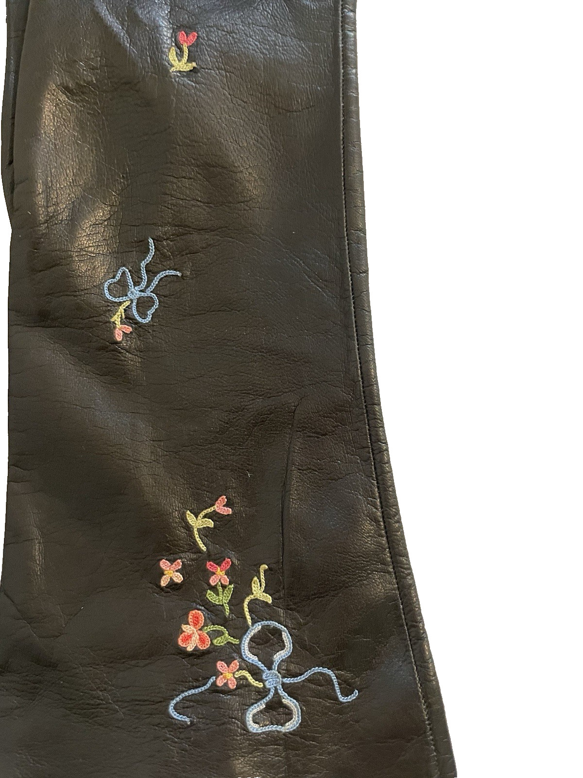 Black Leather Floral Embroidery 11-1/4″L Mid Forearm Gloves 7-1/2