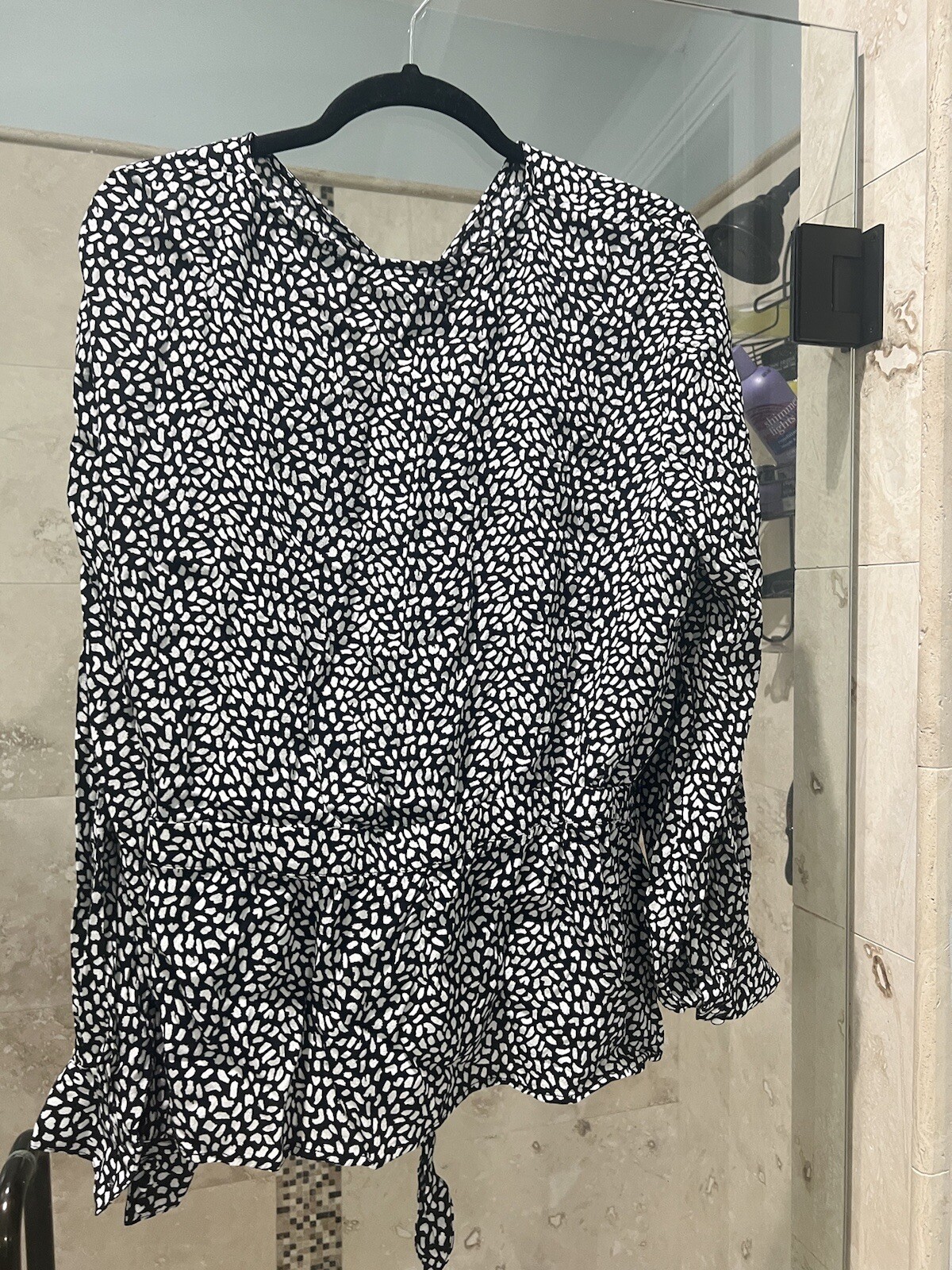Talbots Faux Wrap Top Spot Print Long Sleeve Blouse Black White Plus 2x