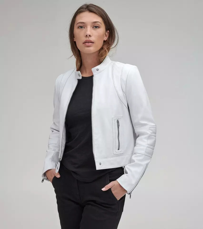White Leather Jacket Women Biker Moto Pure Lambskin Size XS S M L XL XXL