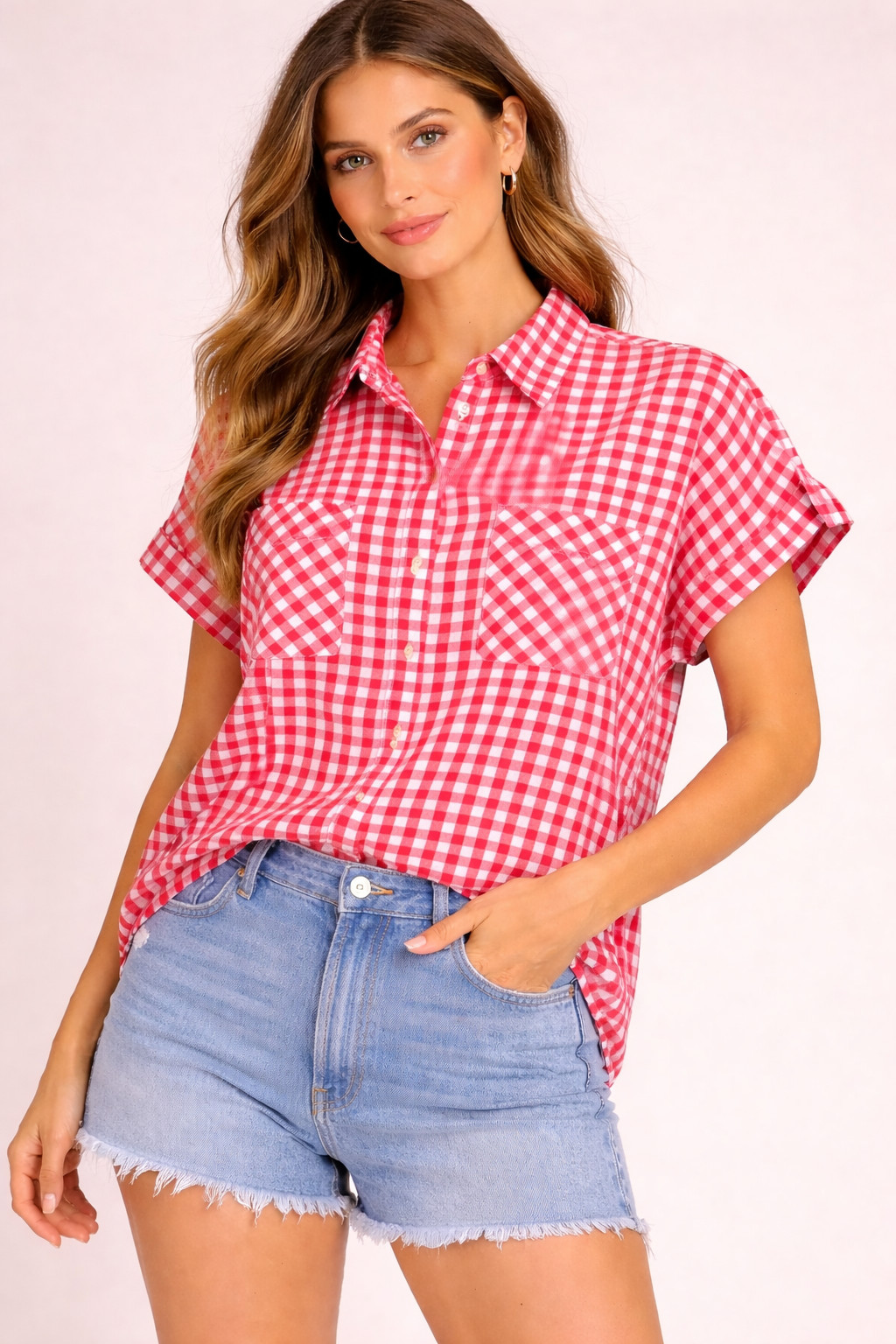 Ninety Womens plaid button down cuffed short sleeve collared 2 pockets Blouse