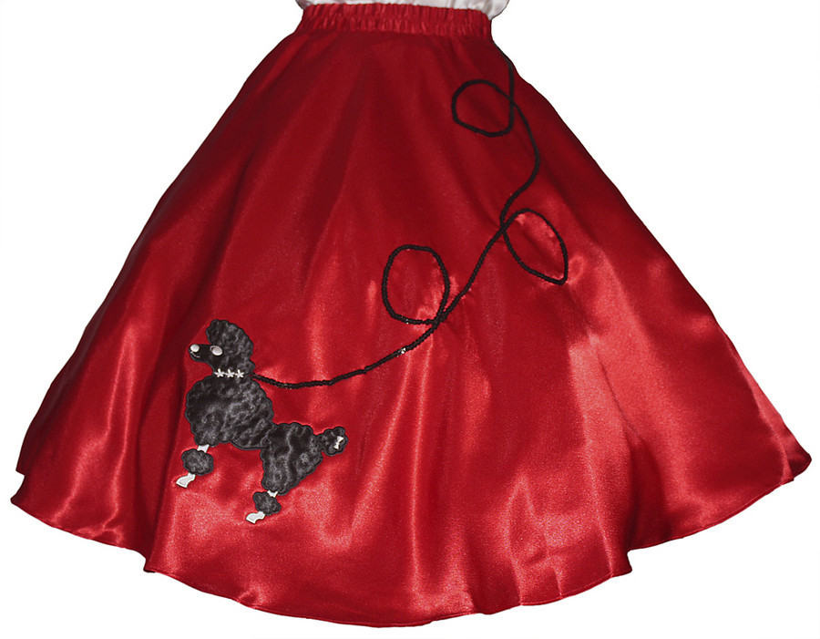 Red SATIN 50s Poodle Skirt _ Adult Size MEDIUM _ Waist 30″- 37″ _ Length 25″