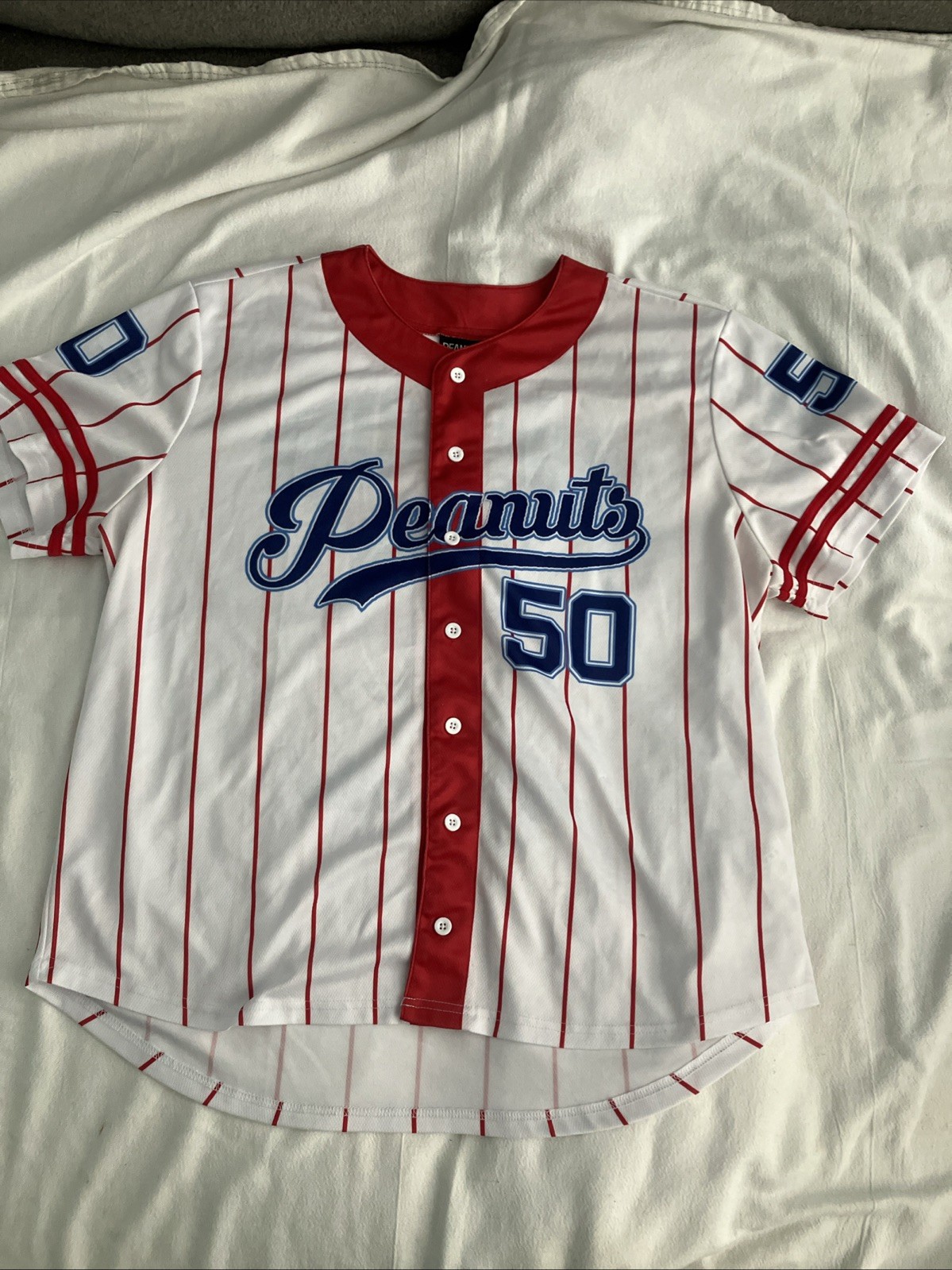 Peanuts Baseball Jersey Adult XXL White Striped Snoopy Cute Sports Summer Dad