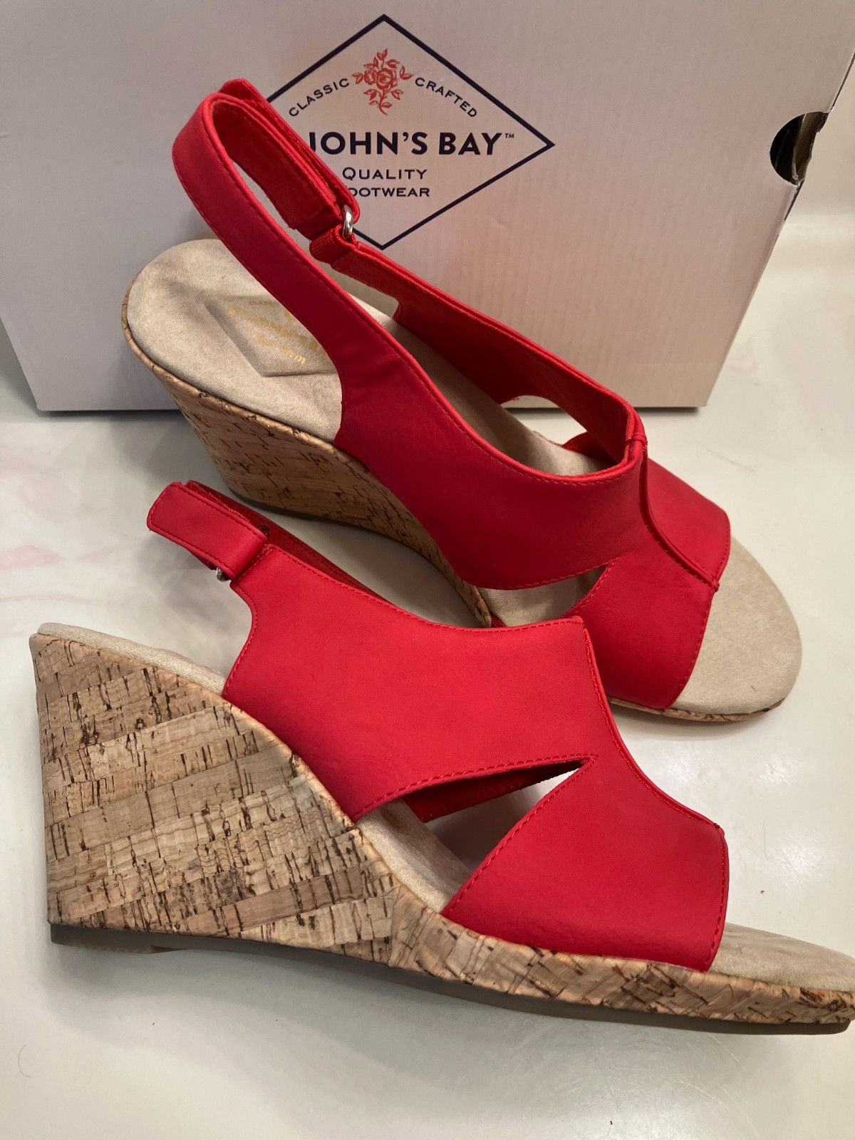 St Johns Bay Cork Wedge Sandal Red Size 8.5M, 3.5″ Heel