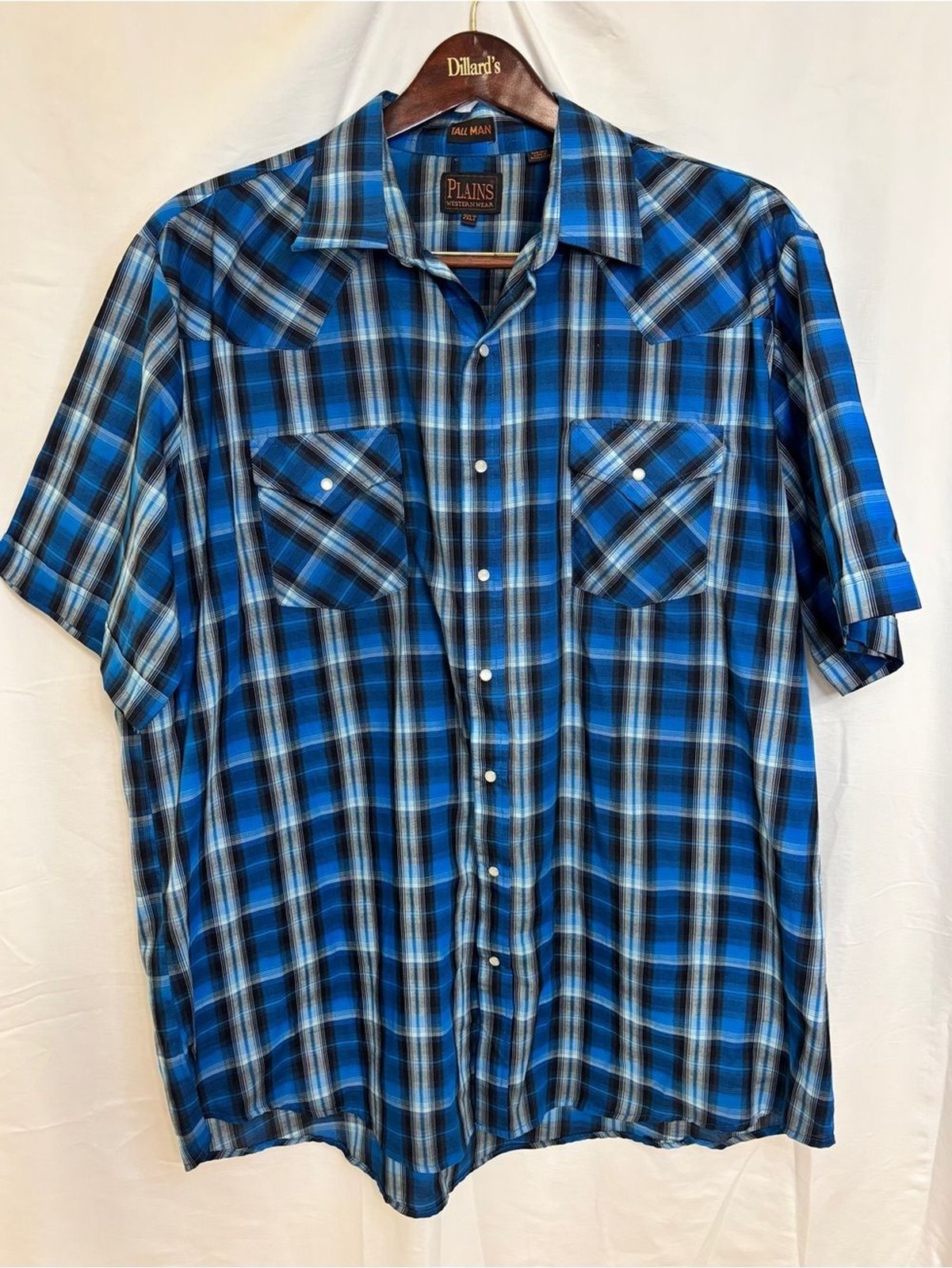 Plains Tall Man 2XL Men’s Blue Plaid Short-Sleeve Western Shirt W/pearl snaps