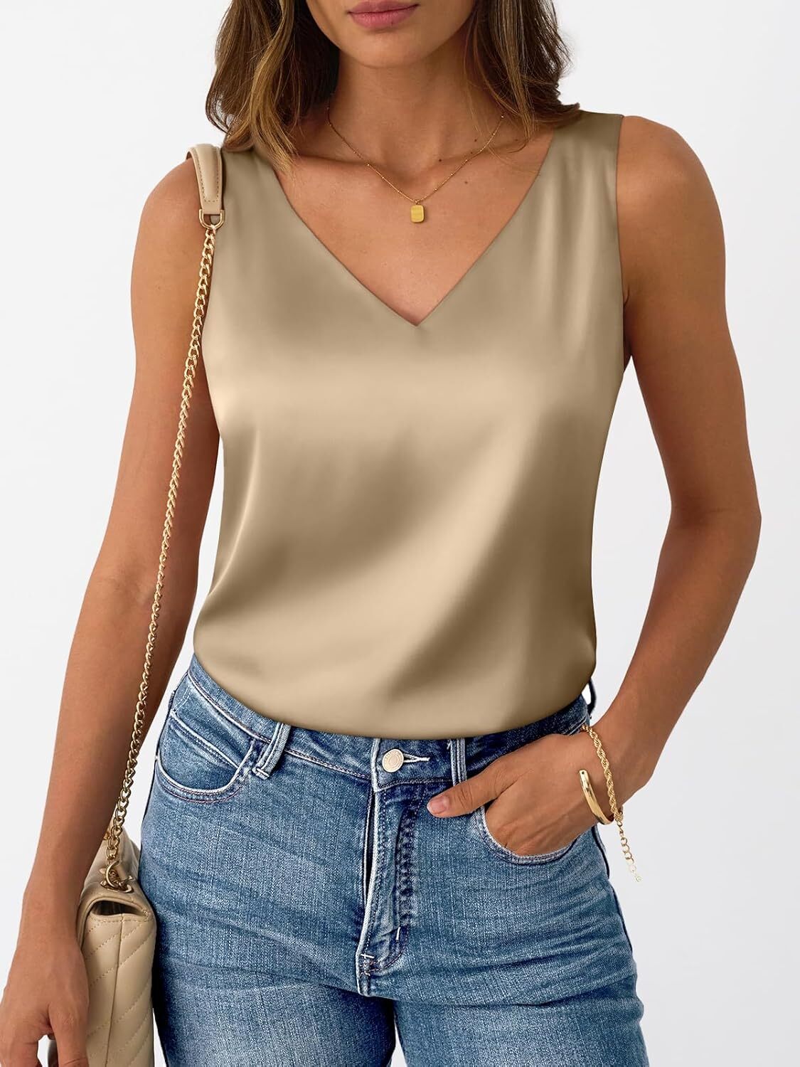 Women Silk Satin Tank Top V Neck Sleeveless Summer Blouse Business Casual Top