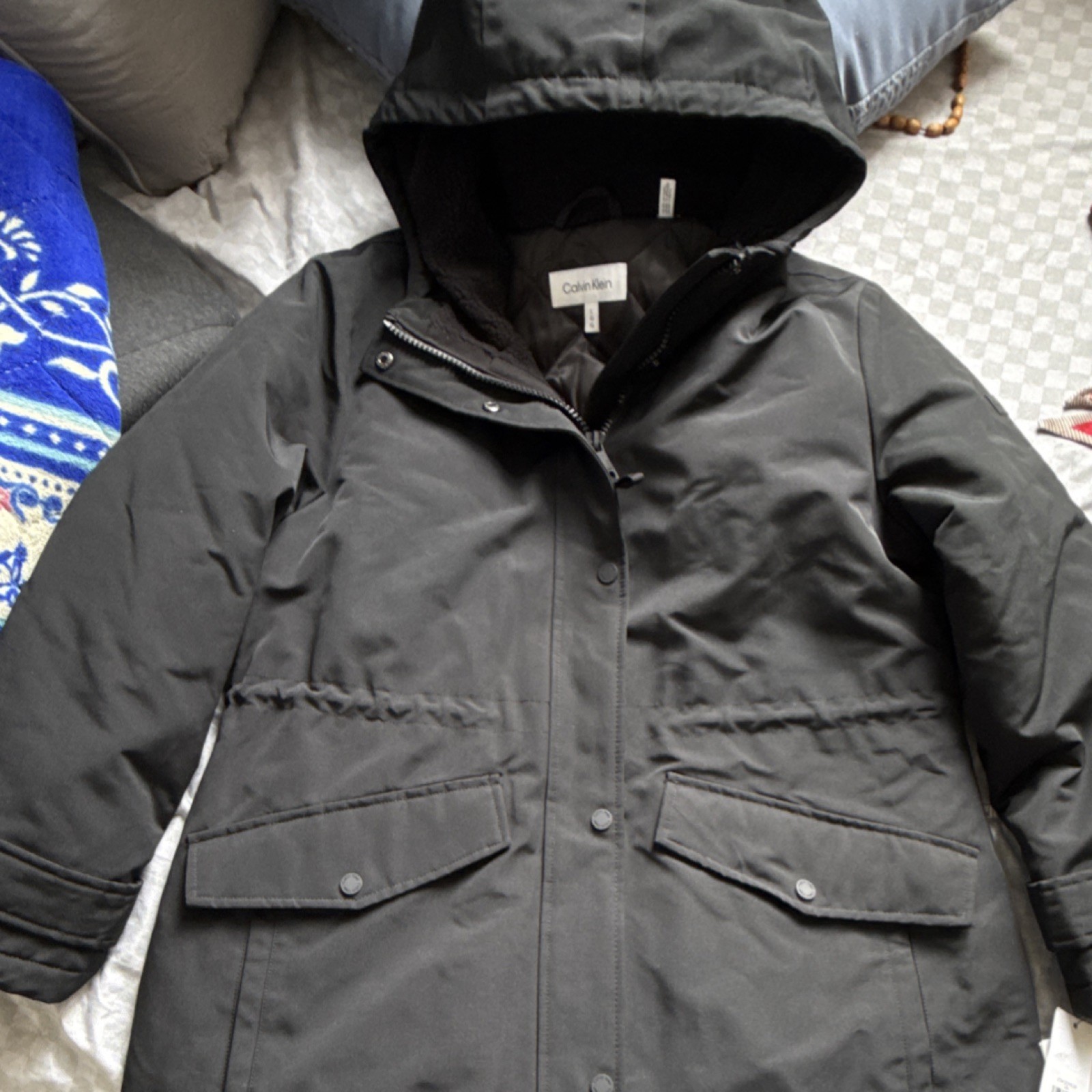 Calvin Klein Black Hooded Parka Coat women Size L Long Lined Zipper Button Logo