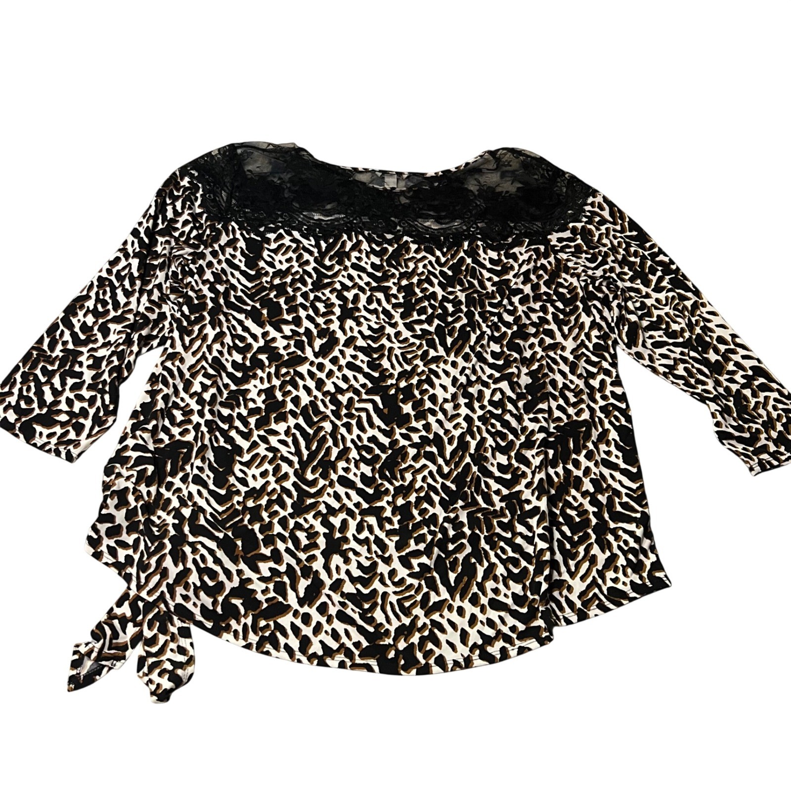 Cato Leopard Print Lace Yoke Side Tie Blouse Womens 18/20W Black Brown Knit Top