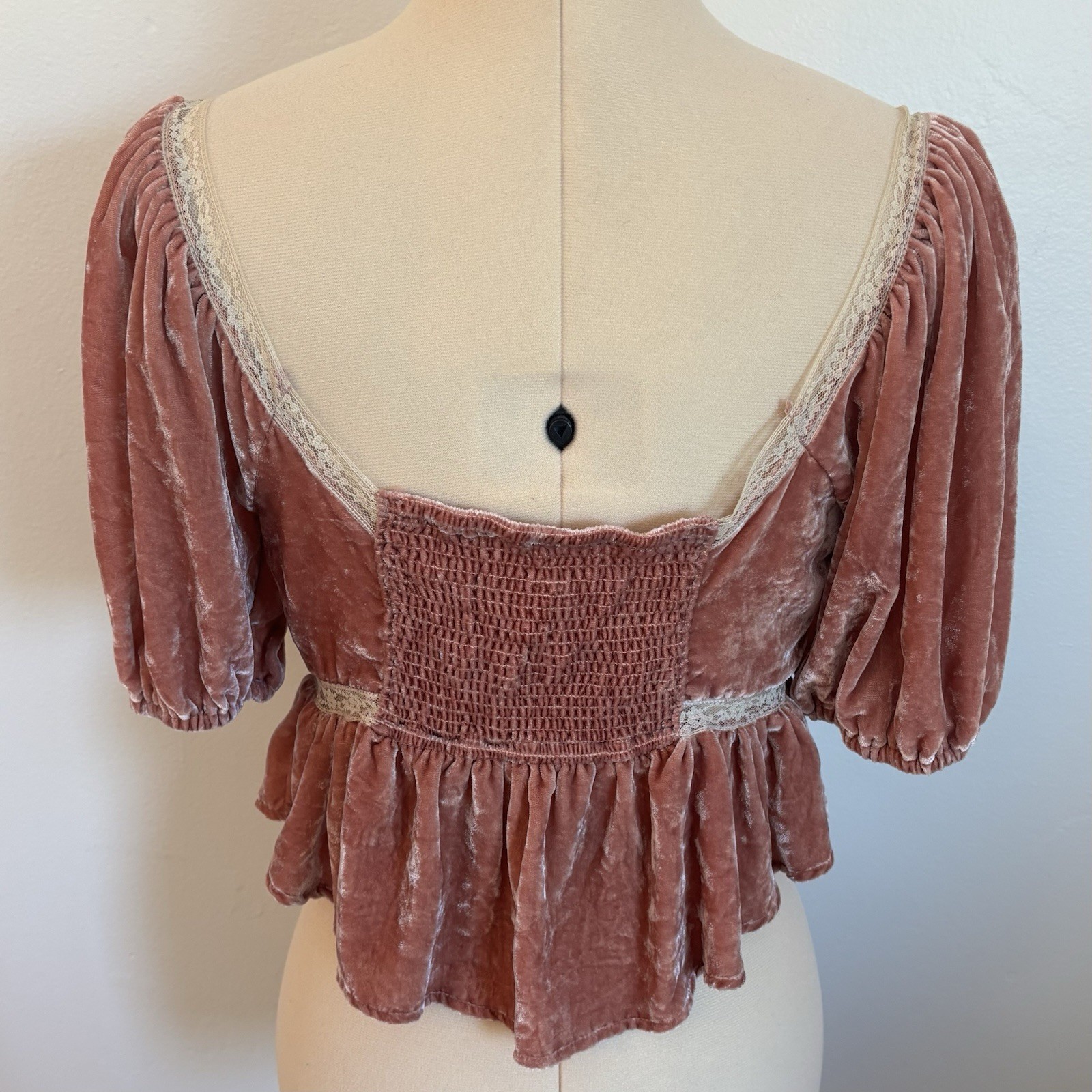 Free People Yours Truly Velvet/Lace Top, Mauve Twist Front Cutout Peplum Crop, S