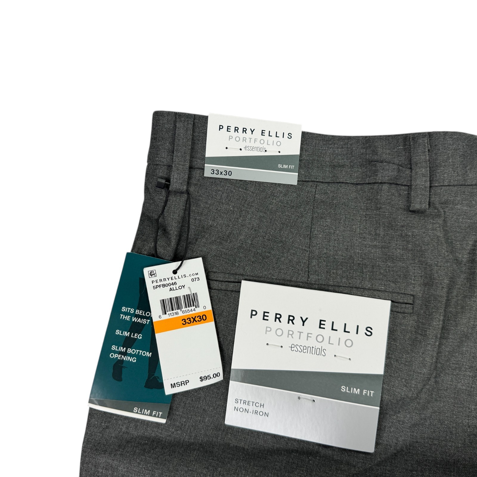 Perry Ellis Mens Slim Fit Non-Iron Stretch Dress Pants Alloy Gray 33×30