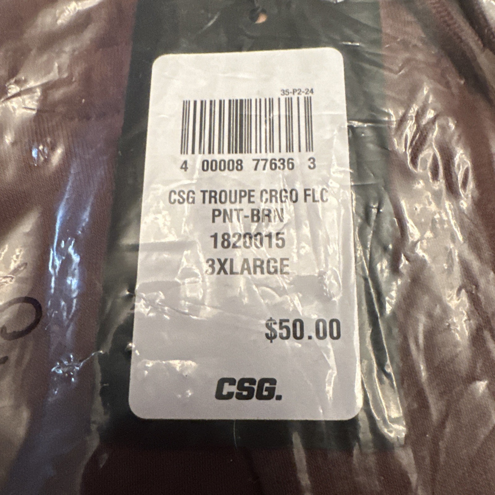 CSG 3XL Cargo Troupe Fleece Pants NWT Brown 30” Inseam 50” Waist