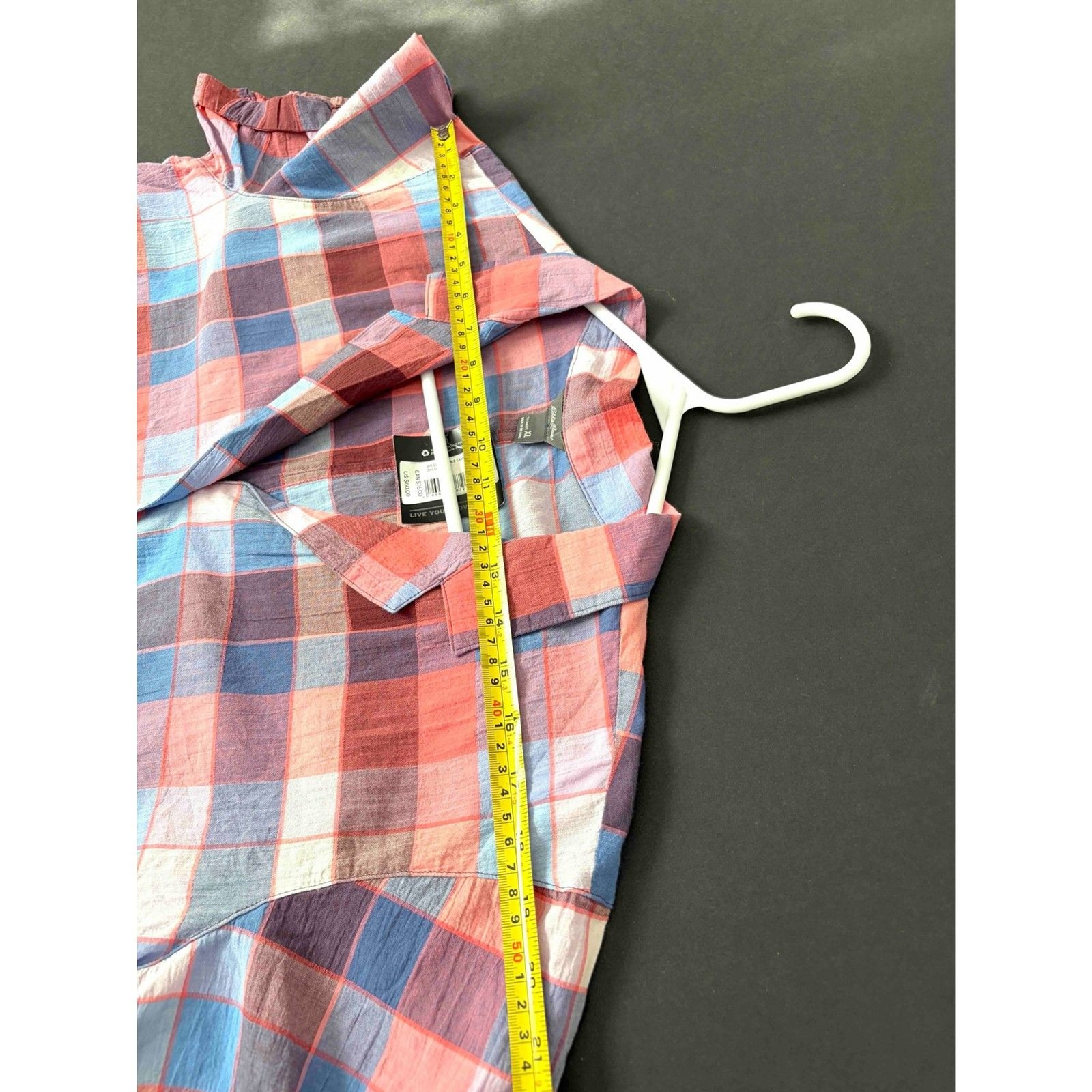 NWT Eddie Bauer Packable Camp Shirt XL Plaid Coral Blue Cottagecore Outdoorsy