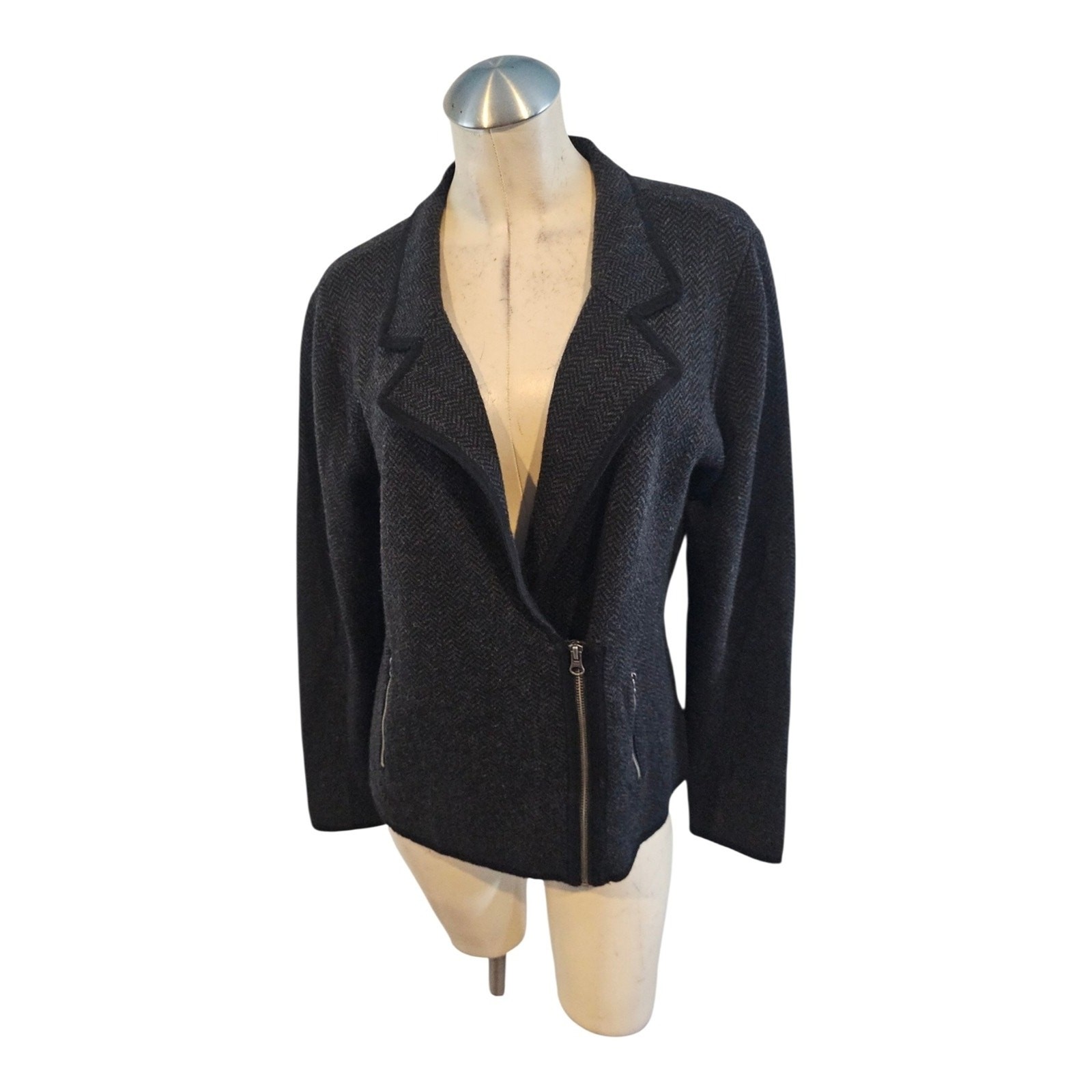Tahari Size L Herringbone Asymmetrical Zip Wool Blend Moto Cardigan