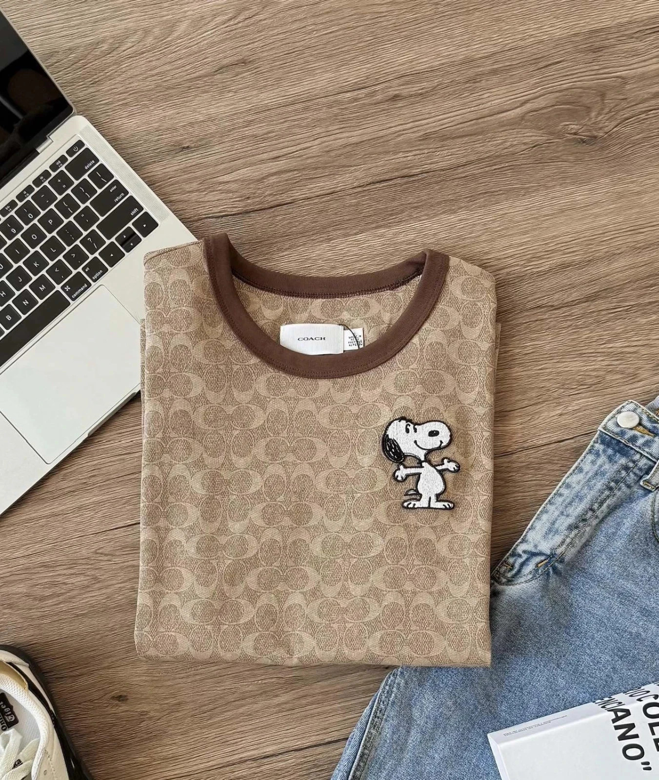NWT COACH Women’s Unisex Brown full printed Embroidered Snoopy T-shirt COTTON