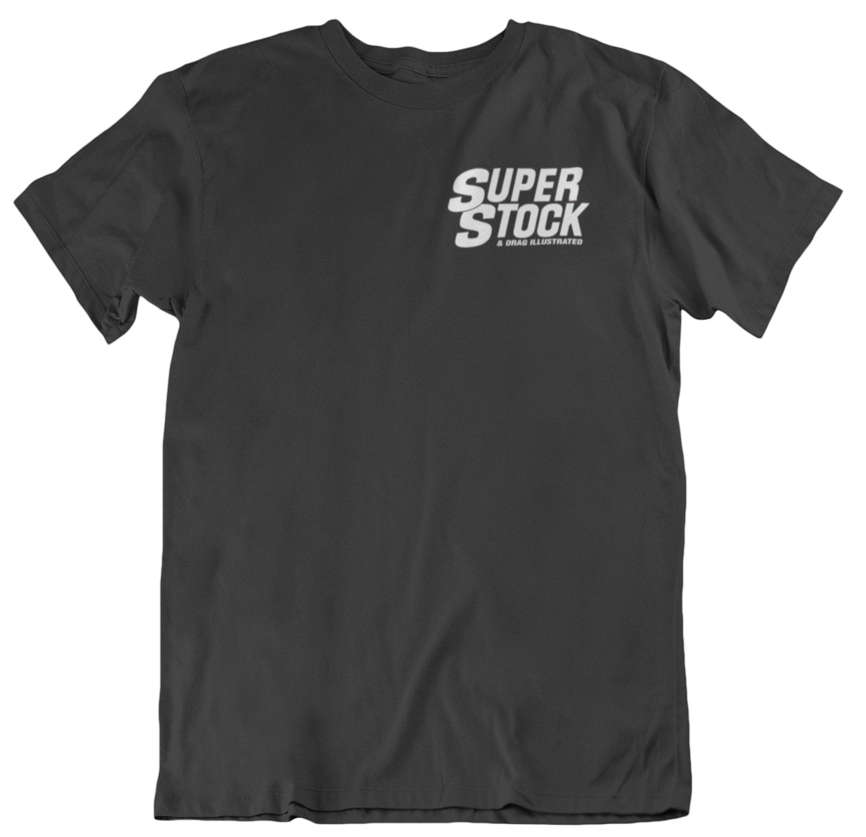 SUPER STOCK & DRAG ILLUSTRATED MAGAZINE BLACK TEE T-SHIRT WHITE INK DRAG RACING