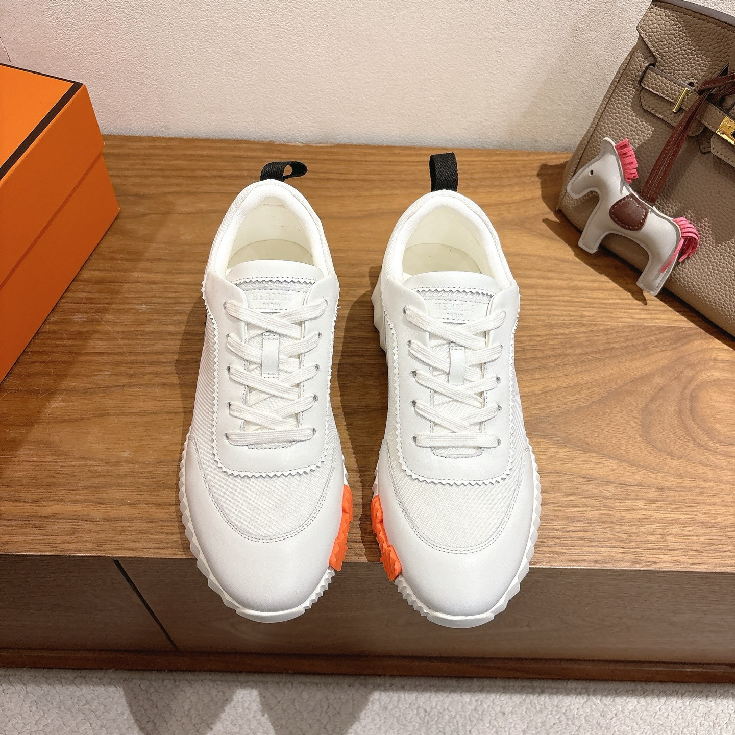 Men’s Hermes Bouncing White Leather Mesh H Sole Serrated Edge Sneakers