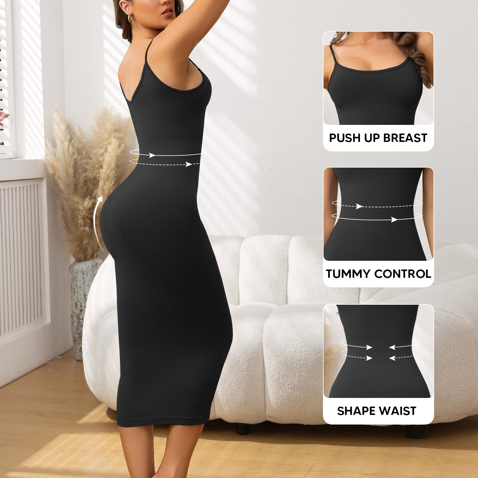 Women’s Tummy Control Midi Dress – Slimming Bodycon Sleeveless Shapewear Evening