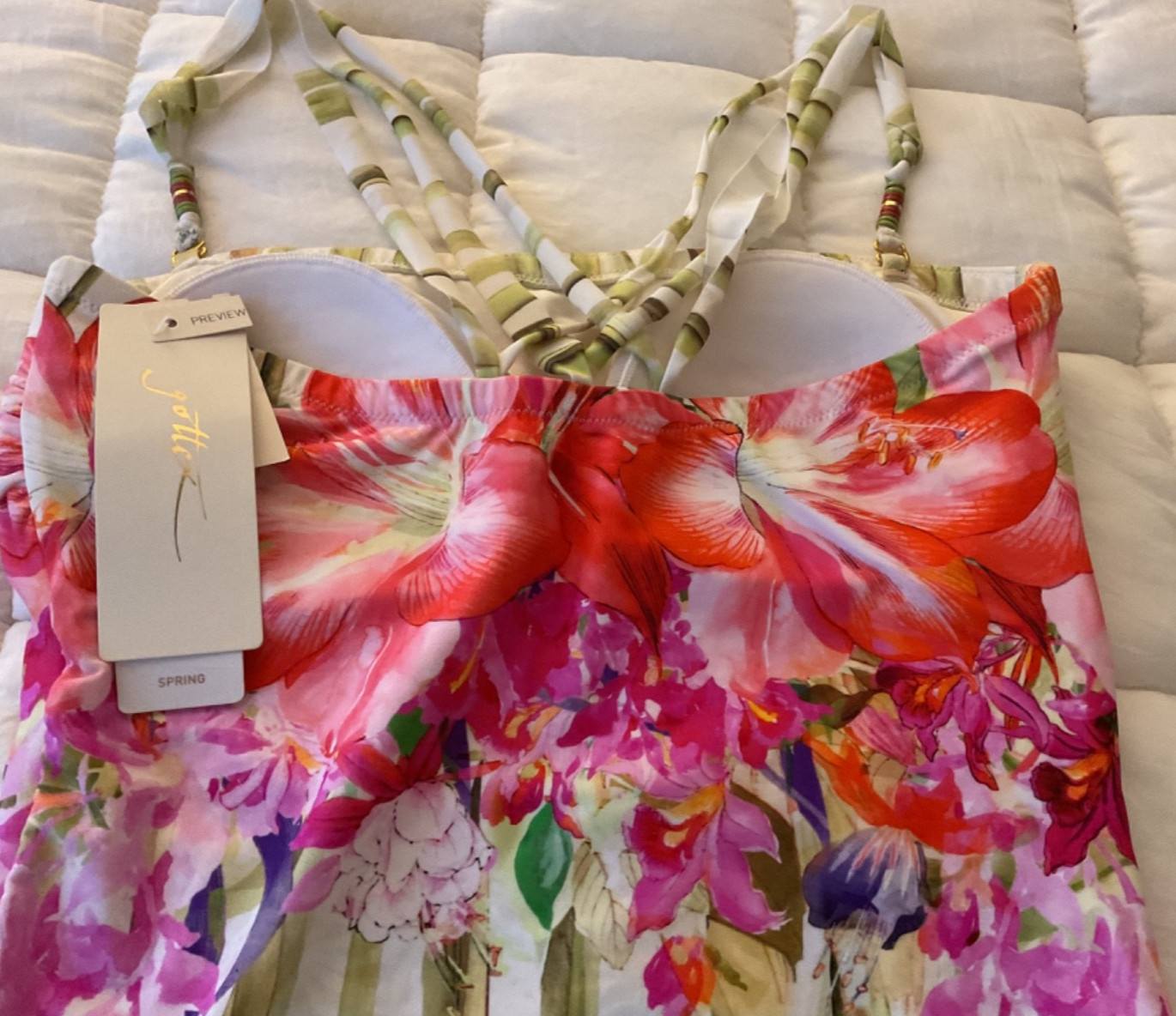 New Gottex Flower Bandeau One Piece Bathing Suit Detachable Straps Sz 14 NWT