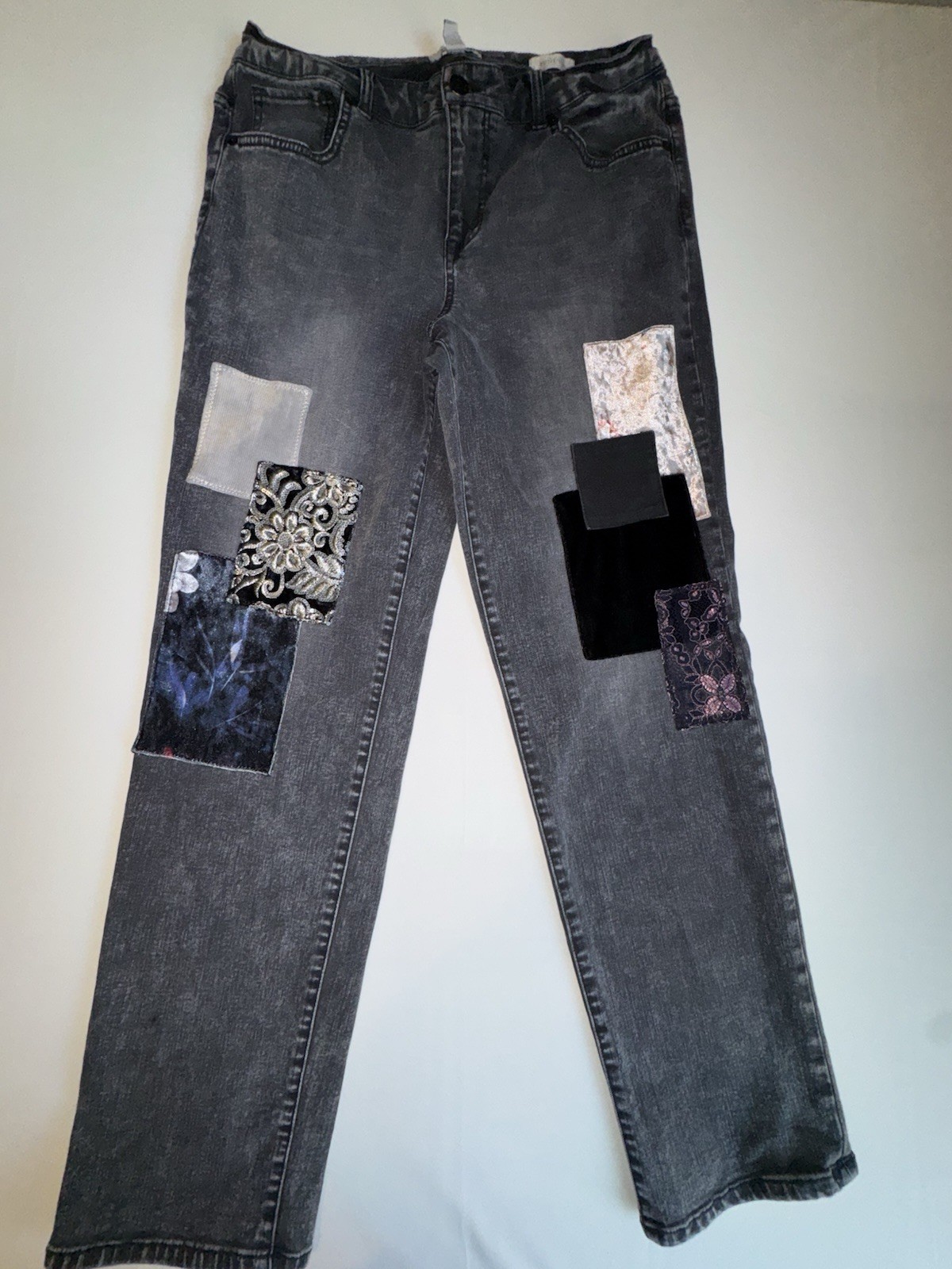 LOGO by Lori Goldstein Womens Boyfriend Patchwork Gray Black Denim Jeans 10 Tall