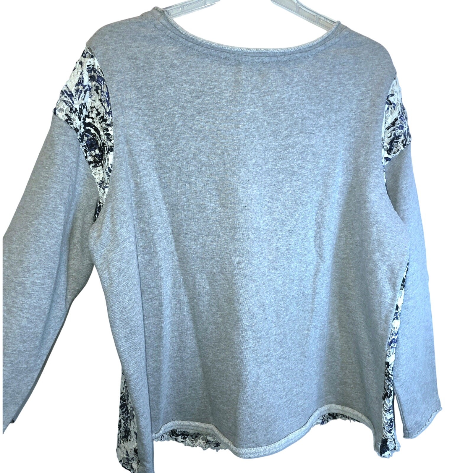 Sundance Caraway Lace Pullover Crochet Overlay Sweatshirt Top XL Gray Raw Edge