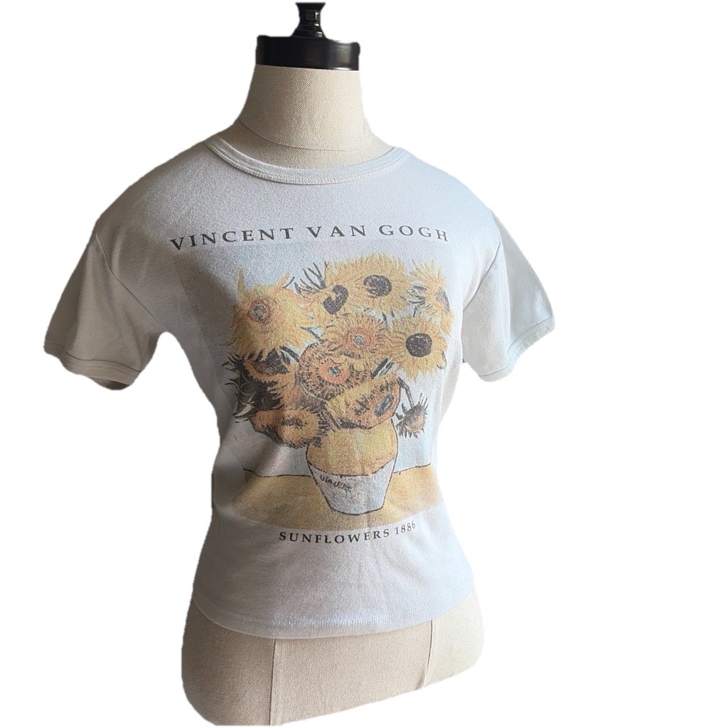 VINYL Women’s White Vincent van Gogh Sunflowers Graphic Tee Crew Neck L