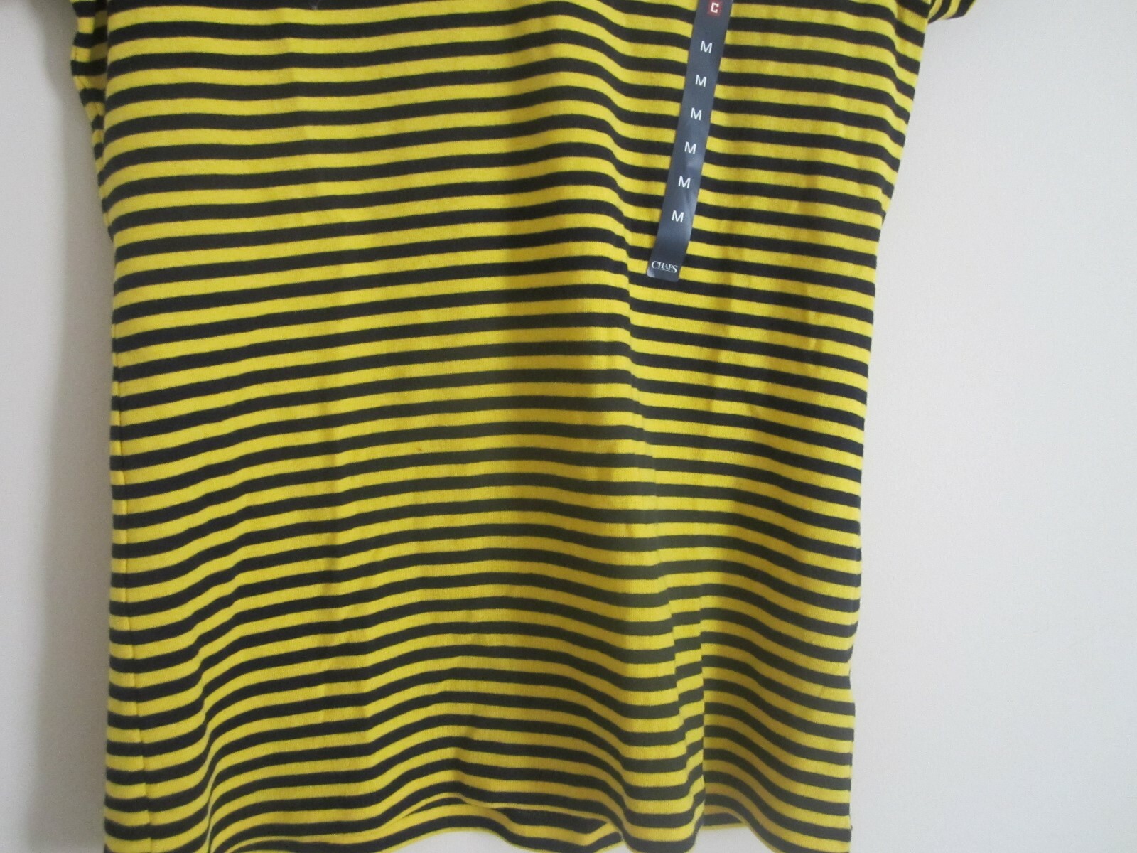 Chaps Womens T-shirt Navy/Yellow Striped Cotton SZE M V-Neck New Tag $49 GIFT