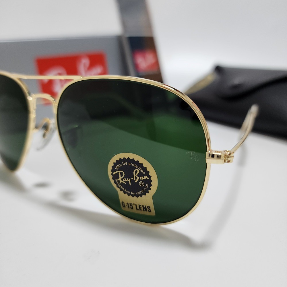Ray-Ban RB3025 Aviator Sunglasses Gold Frame Green Glass Lens 58mm UV400