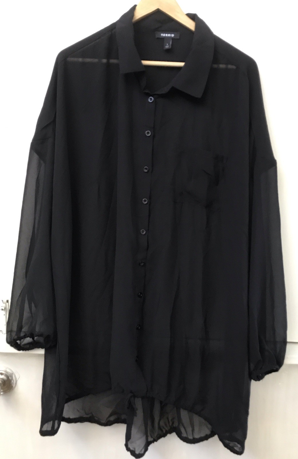 Torrid Black Collared Semi-Sheer Balloon Sleeve Tunic Blouse Tie Hem High Low 1X