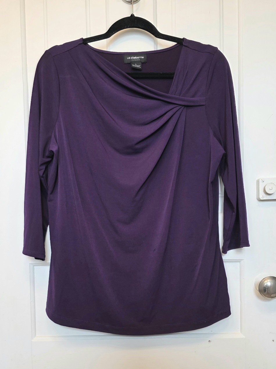 Liz Claiborne Women’s Eggplant Purple Draped Cowl Blouse Size L Modest Chic