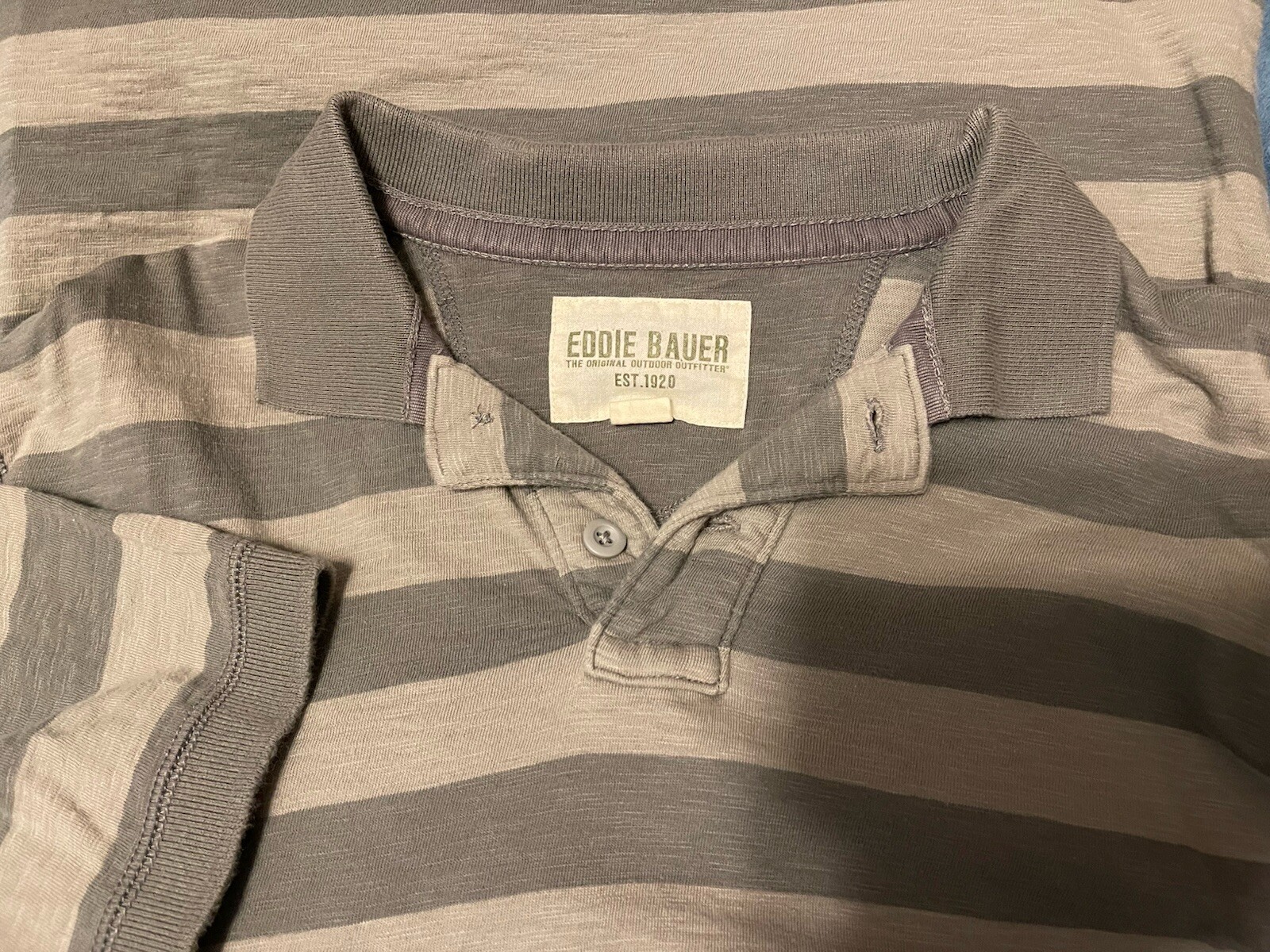 EDDIE BAUER CLASSIC COTTON SLUB FADED TAUPE BROWN BLOCK STRIPED POLO MEN SMALL