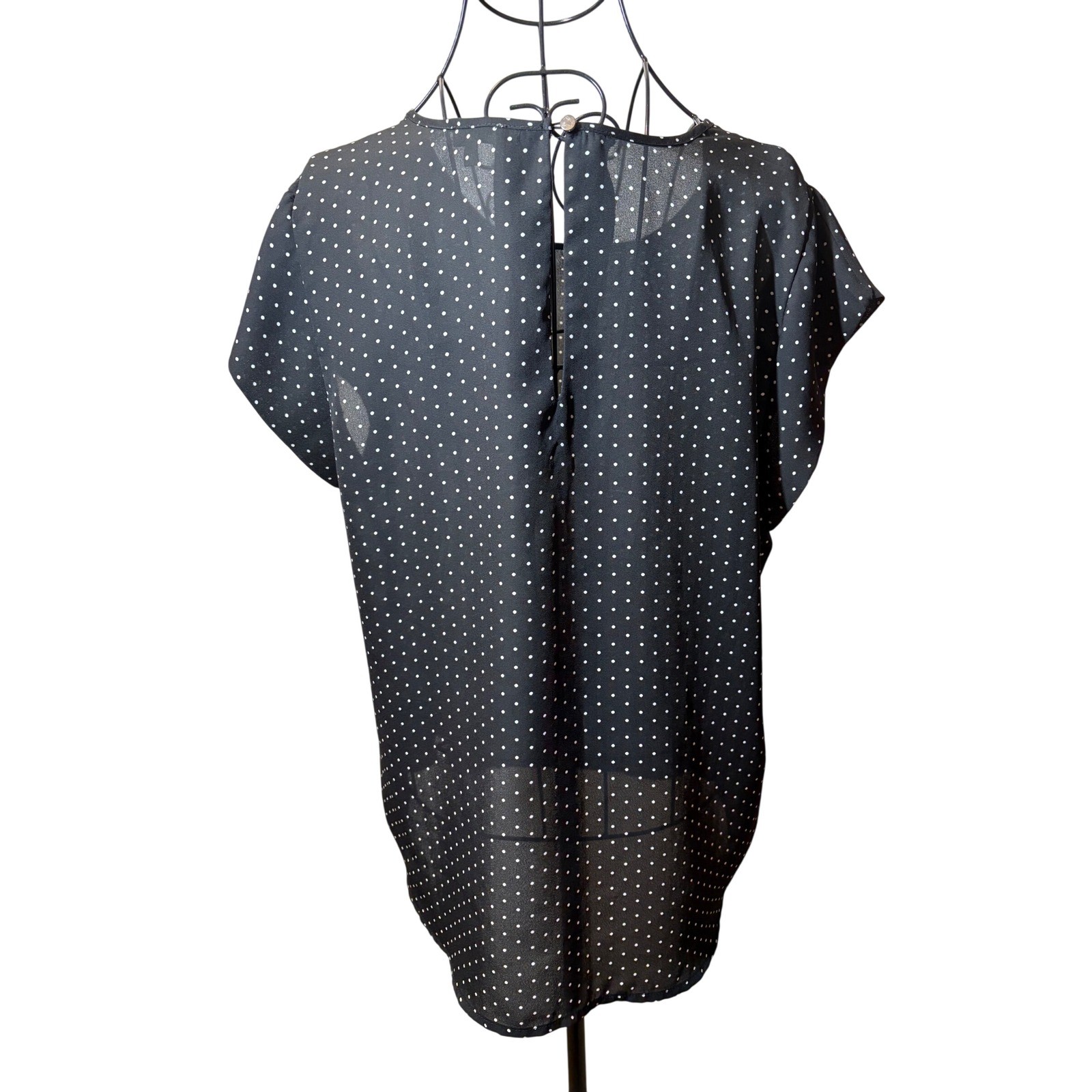 Lily White Black Polka Dot Chiffon Blouse XL Cap Sleeve- Keyhole Back