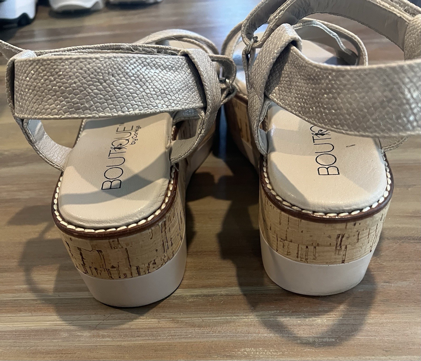Boutique by Corkys Beige Strappy Wedge Sandals Faux Leather Size 8 Hook & Loop